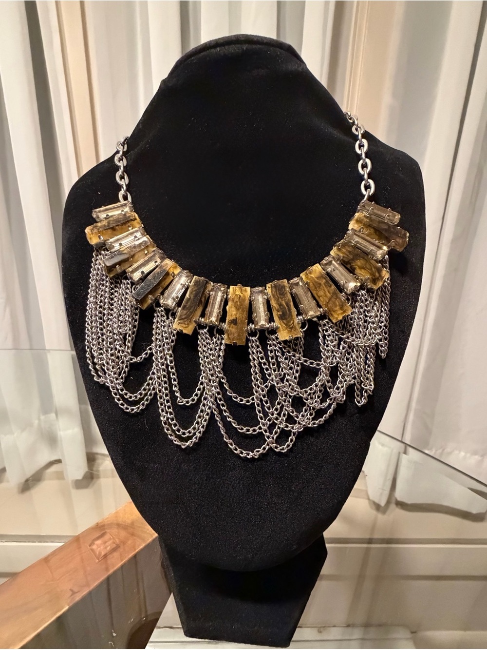 Handmade Statement Stone and Silver Chain Fringe Necklace